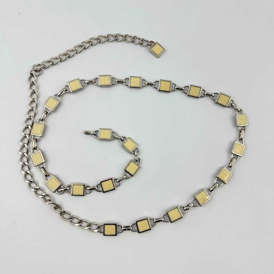 Silver Tone Chain Belt Square Cream Enamel Links Chain Disco Era Vtg 45" Long - Image 1 of 4