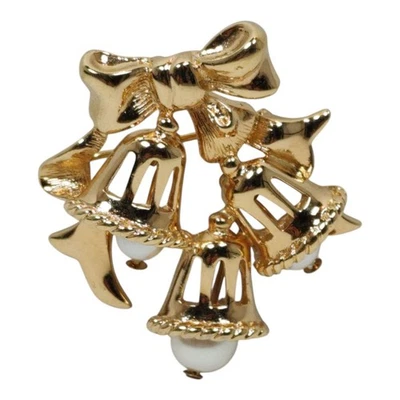 VTG Signed Marvella Christmas Wedding Bells Brooch Gold Tone Metal Faux Pearls - Image 1 of 4