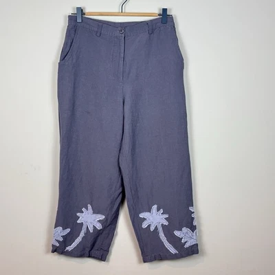 Hearts of Palm Blue Linen Palm Tree Embroidered Crop Straight Pants Womens SZ 8n - Image 1 of 4