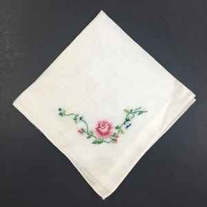 Vintage Ivory Fine Linen Handkerchief Hanky Hand-Embroidered Pink Roses Ombre - Picture 1 of 8
