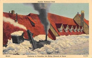 Steam Shovel Snow Removal Paradise Inn Rainier National Park WA linen postcard - Imagen 1 de 2