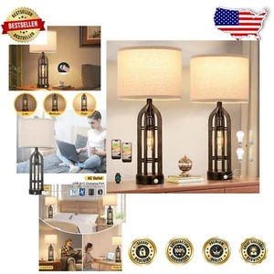 3-Way Dimmable Touch Control Table Lamps Set with USB Ports - Farmhouse Style - Picture 1 of 8
