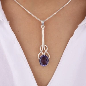 Iolite Gemstone 925 Sterling Silver Jewelry Handmade Pendant 1.79" Gift For Her - Picture 1 of 4