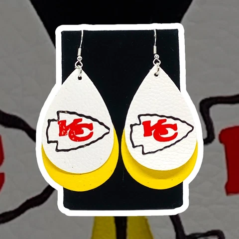 Kansas City Chiefs Football Layered Faux Leather Teardrop Hook Earrings Handmade Cover