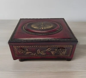 Vintage Jewelry Dresser Box Burgundy & Gold Accents Roses Mirrored 8.5 x7 - Picture 1 of 10