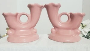 Fluted Vtg Art Deco Abingdon Pink Glazed Pottery Double Pair Candle Holders USA - Picture 1 of 7