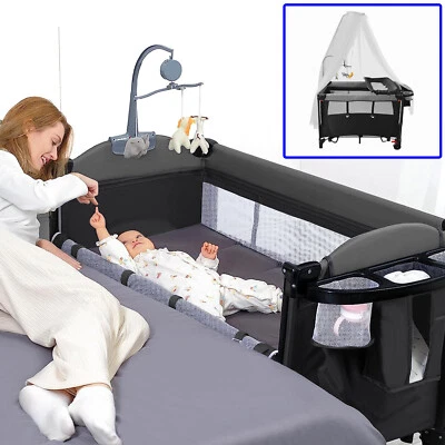 6 in 1 Baby Nursery Center Foldable Toddler Crib Diaper Changing Table+Music Box - Image 1 of 4