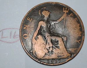 1917 Great Britain 1 Penny George V UK Coin KM# 810 Lot #L16 - Picture 1 of 2