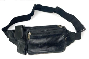 Fanny Pack Black Leather 4 Compartments Adjustable 1.5 inch Canvas Belt Vintage - Picture 1 of 6