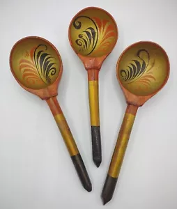 Lotto 3 cucchiai vintage russi Khokhloma in legno laccato dipinto a mano arancione oro - Foto 1 di 11