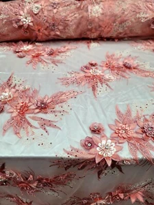 Coral Lace Embroidery 3d Floral Flowers Embroidery Prom Fabric Sold By The Yard  - Picture 1 of 13