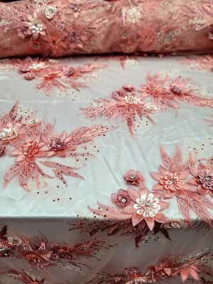 Coral Lace Embroidery 3d Floral Flowers Embroidery Prom Fabric Sold By The Yard  - Image 1 of 4