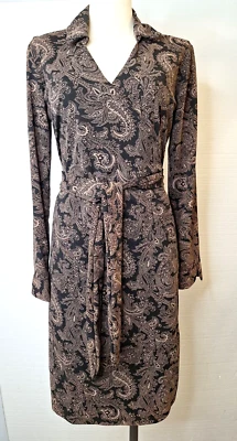 Vestido para mujer Susan Lawrence L grande hasta la rodilla cachemira envolvente lateral negro/marrón Foto 1 de 4