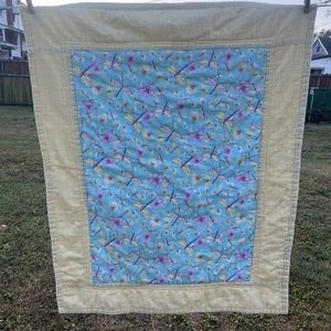 Dragon Fly Blue Yellow Hand Made Baby Quilt 33W 41L - Picture 1 of 6