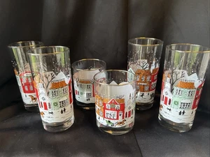 Set Of 6 VINTAGE LIBBEY CHRISTMAS WINTER VILLAGE Glass Tumblers Mint Condition - Picture 1 of 13