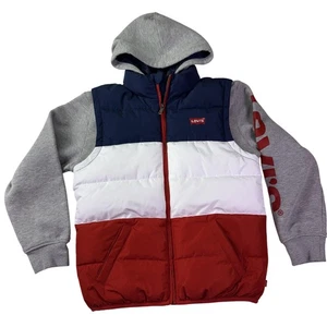 Giacca Levis giovane grande 12-13 rosso bianco blu colorblock cappuccio imbottito ibrido - Foto 1 di 8