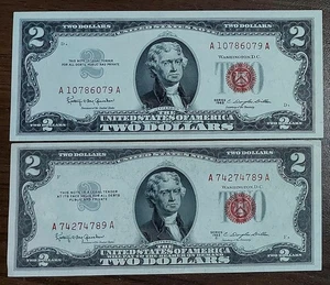 Set 2pcs 1953 - 1963 Two Dollar Bill Red Seal  UNC-AUNC Random serial - Picture 1 of 2