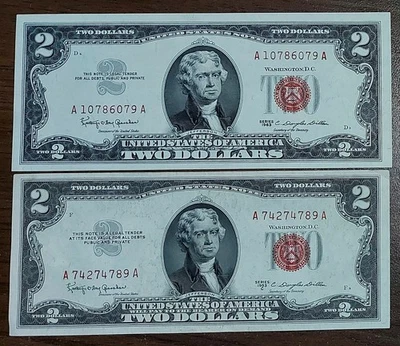 Set 2pcs 1953 - 1963 Two Dollar Bill Red Seal  UNC-AUNC Random serial - Image 1 of 2