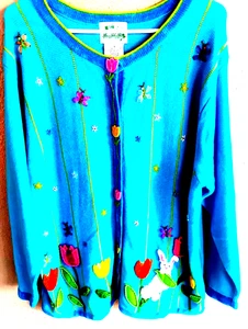 Quacker Factory 1X Türkis Pullover L/S schöne verzierte Details! - Bild 1 von 2