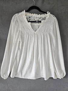Knox Rose Damen Boho Bauern Shirt Größe M Langarm Bluse Elfenbein V-Ausschnitt - Bild 1 von 8