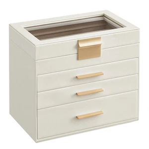 SONGMICS SCHMUCKKÄSTCHEN MIT GLASDECKEL, 4-LAGIGER SCHMUCKORGANIZER, 3 SCHUBLADEN, GOLD - Bild 1 von 5