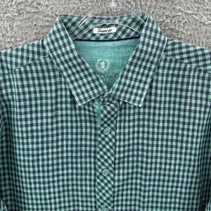 Bugatchi Uomo Shirt Mens XL Shaped Fit Teal Green Blue Gingham Check 100% Linen - Picture 1 of 13