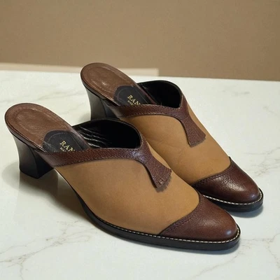 Vintage 80s Rangoni Shoes Mules Sz 6.5 Brown Suede & Leather Block Heel Western - Image 1 of 4