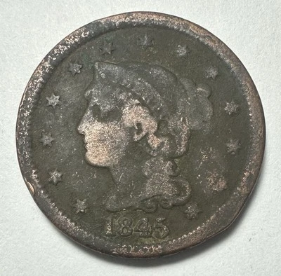 1845 Braided Hair Large One Cent Copper US Coin - Image 1 of 2