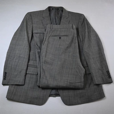 Bachrach 48R 40x30 Gray Glenn Check 100% Wool Mens Jacket Pants Suit - Image 1 of 4