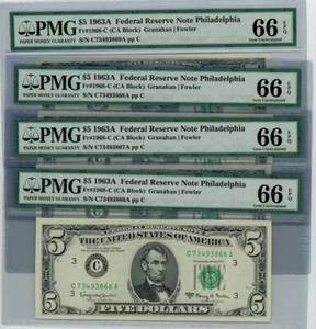 Fr. 1968-C 5 $ 1963A 4 Consec. Federal Reserve Note 66 EPQ PMG dc-2538 - Bild 1 von 2