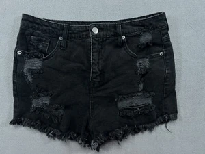 Mossimo Womens 10 Black Denim Shorts High Waisted Distressed Jean Cut Off Shorts - Picture 1 of 9