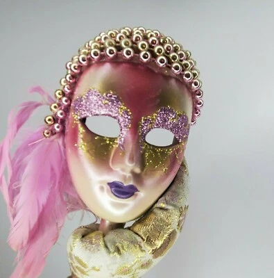 Mardi Gras Womens Face Mask Wood Stick Head Miniature Pink Gold Beads 18in Long - Image 1 of 4