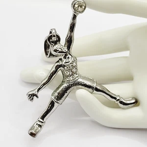 LARGE Basketball Player Leap Dunk Rhinestone Shirt Silver Tone Vtg 1990s Pendant - Picture 1 of 23