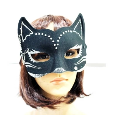 Black Cat Eye Mask Silver Fancy Dress Costume Masquerade Ball Kitty Sexy - Image 1 of 2