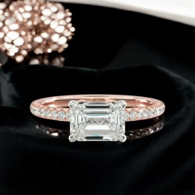 Wedding Ring 14k Rose Gold IGI Certified Lab Created 1.30 Ct Emerald Cut Diamond - Image 1 of 4