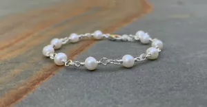 935 Argentium Silver With Pearl Beads Chain Link Women's Beach Anklets - Picture 1 of 6