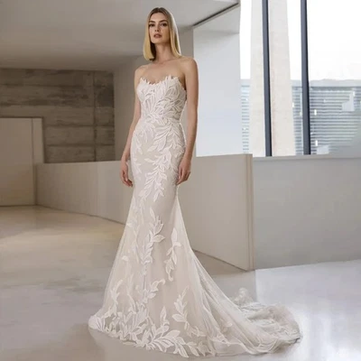 Strapless Wedding Dress Mermaid Lace Appliques Zipper Back Chapel Train Gown - Image 1 of 4