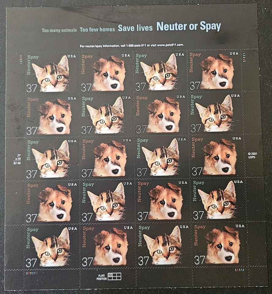 US Scott # 3670 - 3671 - Neuter or Spay - Sheet of 20 Stamps - 2002 - MNH - Image 1 of 1