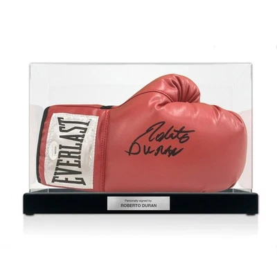 Von Roberto Duran signierter Boxhandschuh. Vitrine mit Plakette - Bild 1 von 3