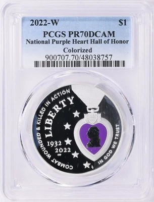2022-W National Purple Heart Hall of Honor Colorized Silver Dollar PCGS Proof-70 - Image 1 of 2