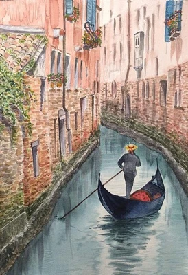 Pintura artística original Italia Un paseo por el Gran Canal en la góndola Venecia A4 Foto 1 de 4