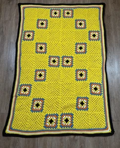 Handmade Crochet Afghan Blanket Throw 49x68 Yellow Granny Square Multicolor - Picture 1 of 11