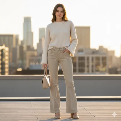 UnionBay Women 1 Corduroy Stretch Flare Pant Wide-Leg 5-Pocket W/ Buttons Beige - Image 1 of 4