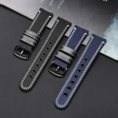 Nylon Leather Watch Band Flat 20mm 22mm 24mm Waterproof Quick Release Wristband - Image 1 of 4