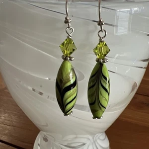925 Sterling Silver Bali Handmade Artisan Green Crystal & Bead Earrings, 2.25” - Picture 1 of 10