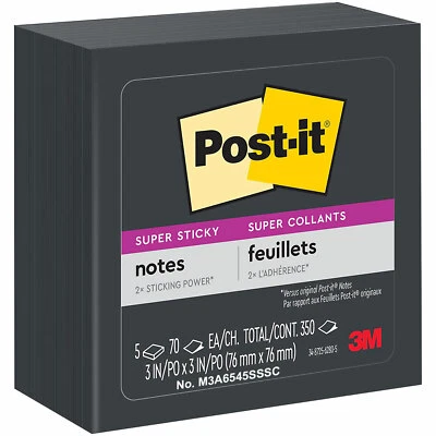 Post-it 654-5SSSC Super Sticky Notes, Black, 3 x 3", Pack of 5 Pads - Image 1 of 4