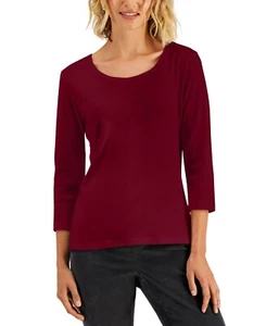 Karen Scott 3/4 Sleeve Cotton Scoop-Neck Top Malbec SZ PS - Picture 1 of 3