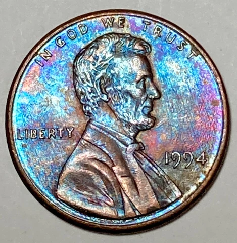 1994 Lincoln Memorial Cent 1c AU Spectacular Rainbow Toning Toner Cover