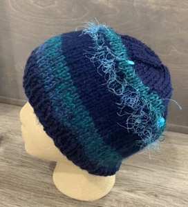 Handgefertigte königsblau türkis grün Kombi flauschige Pailletten Damen Strick Beanie Mütze - Bild 1 von 7