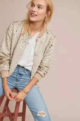 Chaqueta Bomber Blink London Beige Tejido Borde Oculto Botón Kimberly Lentejuelas XSP Foto 1 de 4